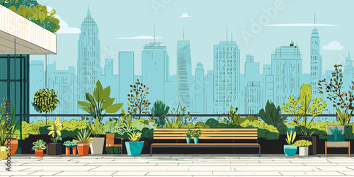 Serene urban rooftop garden with lush potted plants, a wooden bench, and a panoramic cityscape view.