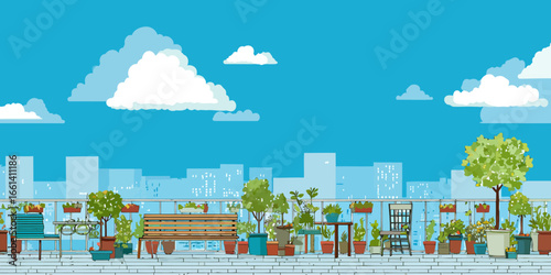 A charming illustrated rooftop garden filled with diverse potted plants, trees, and wooden benches.