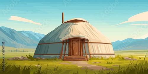 A traditional nomadic yurt with a light-colored fabric cover, wooden lattice frame, and an arched doorway.