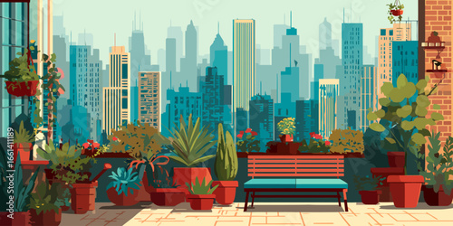A tranquil rooftop garden oasis with lush potted plants, terracotta pots, and a modern turquoise bench.