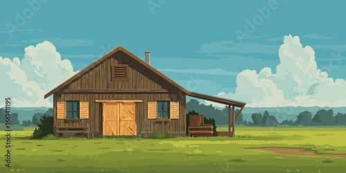 Stylized illustration of a rustic brown wooden barn with yellow shutters and a covered porch.