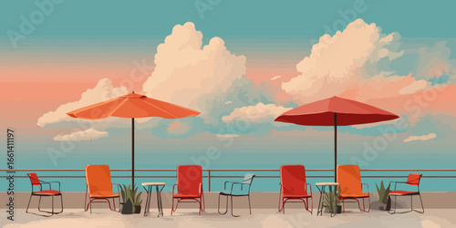 Illustrated seaside terrace with colorful chairs, tables, and umbrellas under a pastel sky.