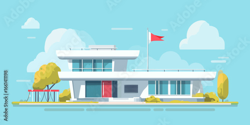 Minimalist flat design illustration of a modern white two-story building with a red flag.