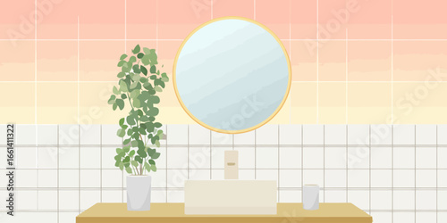 Stylish bathroom vanity illustration with a round gold mirror, vessel sink, and a lush green plant.