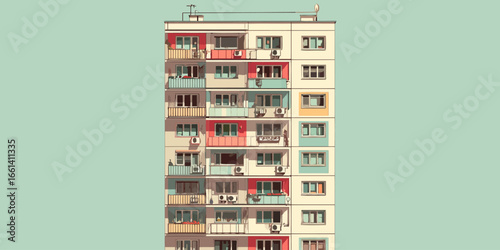 Colorful facade of a multi-story residential building with varied balconies in a graphic style.