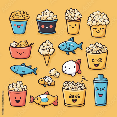 A collection of cute cartoon popcorn buckets and fish characters with various expressions on a yellow background.