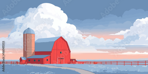 Stylized illustration of a classic red barn and silo in a rural landscape under a dramatic, cloudy sky.