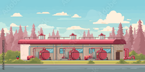 Modern industrial pumping station with large red tanks and complex piping in a flat vector illustration style.