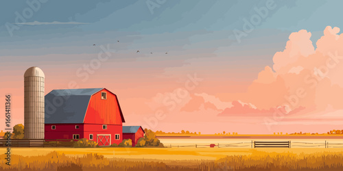 Illustrated rural farm scene with a red barn and silo set against a warm, pastel sunset sky.
