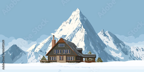 Rustic alpine chalet illustration with a steep gabled roof, brick chimney, and porch.