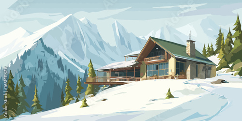 A modern mountain ski lodge with a green roof and stone chimney, perched on a snowy, sunlit slope.