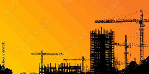 Detailed black silhouette of a high-rise construction site with multiple tower cranes and skeletal building frames.