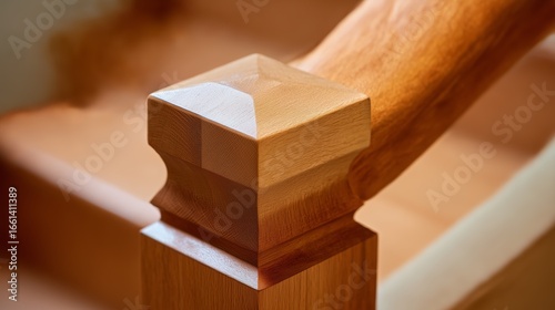 Close-up of wooden stair handrail and newel post