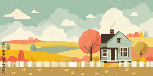 Quaint blue country house with a smoking chimney nestled in a rolling autumn landscape with colorful trees.