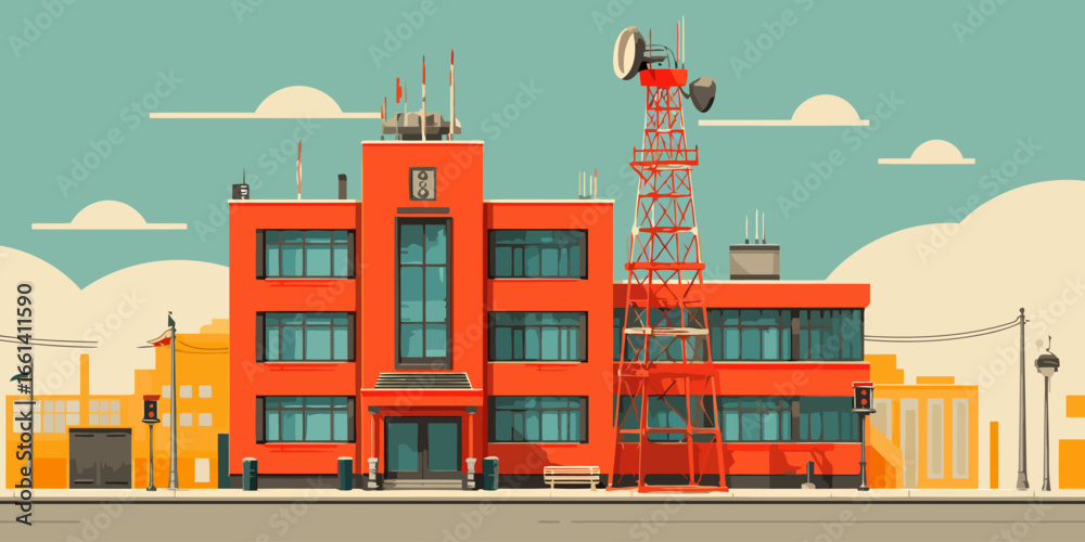 Fototapeta premium Vibrant orange-red building with a telecommunication tower and rooftop antennas.