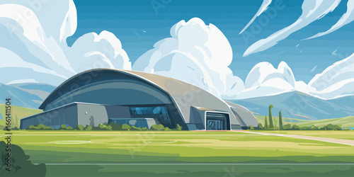 A modern architectural illustration of a large arena with a sweeping, curved metallic roof.