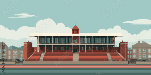 Classic red brick sports pavilion grandstand with tiered seating and a columned upper gallery.
