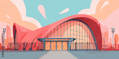 Stylized illustration of a modern building with a sweeping red arched roof and glass facade.
