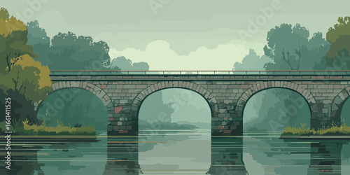 Classic multi-arched stone bridge spanning a calm river in a stylized illustration.