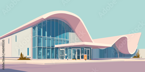 Architectural illustration of a modern building with a unique pink, wave-like roof and a large glass facade.