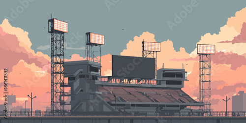 Empty Gray Sports Stadium with Grandstands and Floodlights in a Pixel Art Style