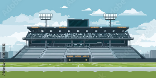 Stylized illustration of an empty American football stadium with tiered seating and a large jumbotron screen.