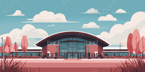 Modern building illustration with a large arched roof, glass facade, and gated entrance.