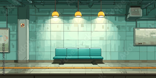 Empty Anime-Style Subway Station Platform with a Teal Bench and Warm Yellow Pendant Lights