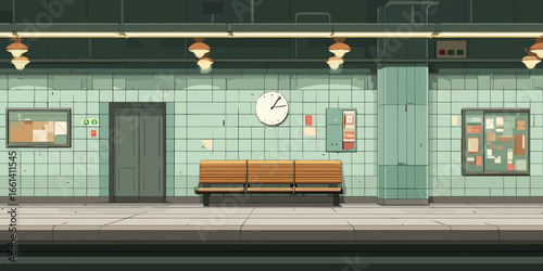 Stylized illustration of an empty subway station platform with green tiled walls, a wooden bench, and a clock.