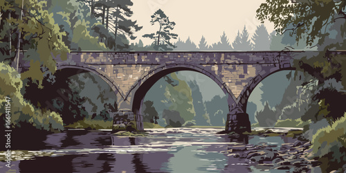 Stylized illustration of a historic three-arched stone bridge crossing a flowing river in a dense forest.