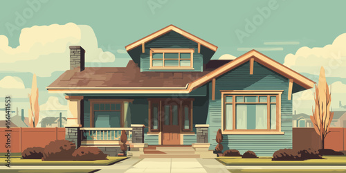 Illustrated two-story Craftsman house with blue-green siding and a stone porch.
