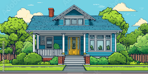 Charming blue suburban house illustration with a bright yellow door, front porch, and lush green garden.
