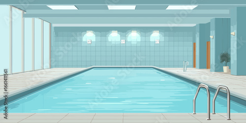 Empty indoor swimming pool with blue tiled walls, large windows, and calm water illustration.