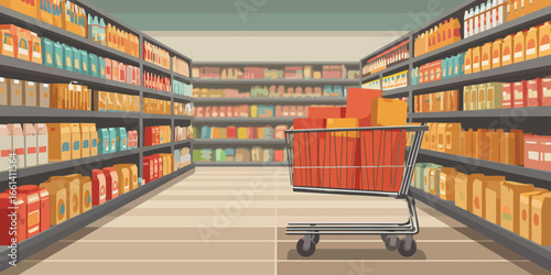 Flat design vector illustration of a supermarket aisle with a red shopping cart full of products.