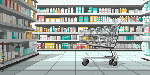 Illustrated supermarket aisle with a metal shopping cart and shelves stocked with colorful generic products.