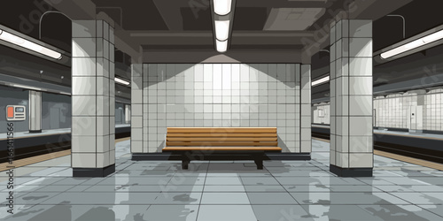 A solitary wooden bench on an empty, modern subway station platform in a graphic vector style.
