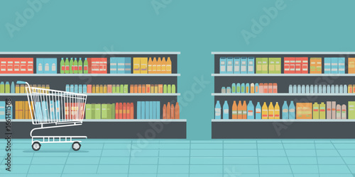 Empty white shopping cart in a colorful supermarket aisle with fully stocked grocery shelves.