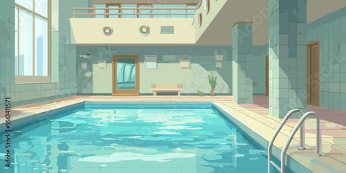 Serene indoor swimming pool with turquoise water, tiled walls, and bright sunlight.