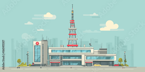 Modern broadcasting station building with a tall red and white communication tower, depicted in a flat vector art style.
