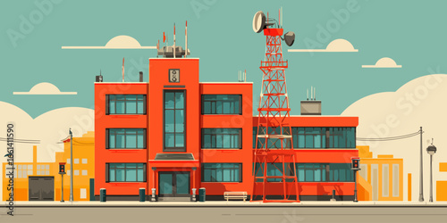 Vibrant orange-red building with a telecommunication tower and rooftop antennas.