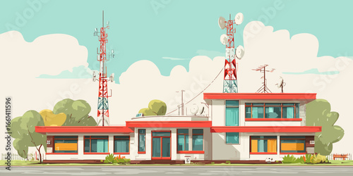 Retro-style telecommunications station with red roofs and prominent lattice communication towers.