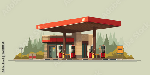 Modern Gas Station with a Red Canopy in a Stylized Flat Vector Illustration
