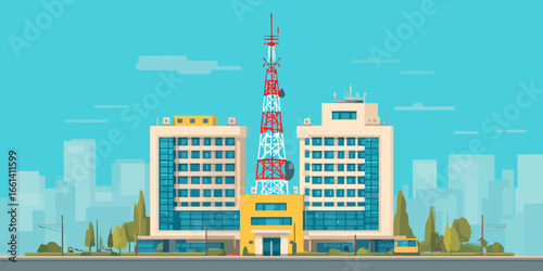 Symmetrical broadcasting station building with a prominent red and white telecommunication tower.