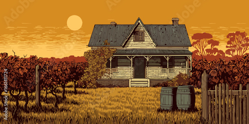 Rustic farmhouse with a corrugated roof in a vineyard at sunset, a stylized woodcut illustration.