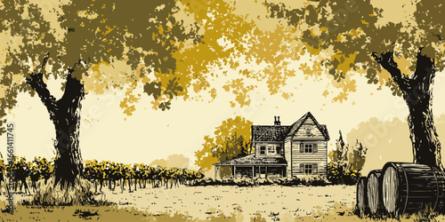 Stylized woodcut illustration of a rustic winery with a farmhouse, vineyard, and oak barrels in warm, earthy tones.
