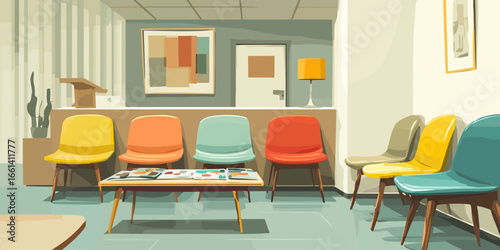 A retro-style waiting room interior with colorful mid-century modern chairs, a coffee table, and abstract art.