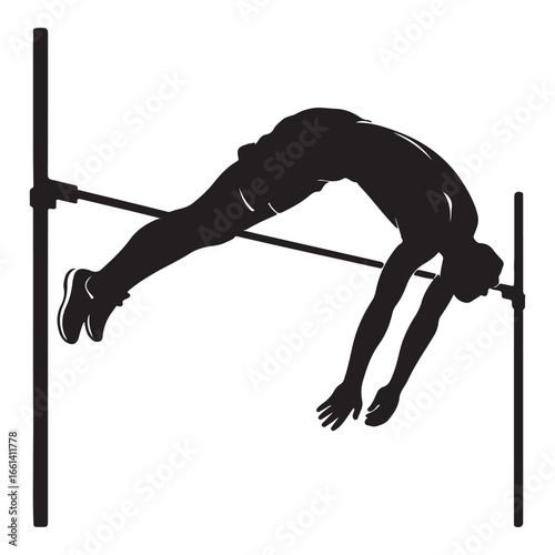 Athlete soars over high jump bar in silhouette