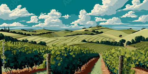 A picturesque vineyard landscape illustration with rolling hills under a cloudy blue sky.