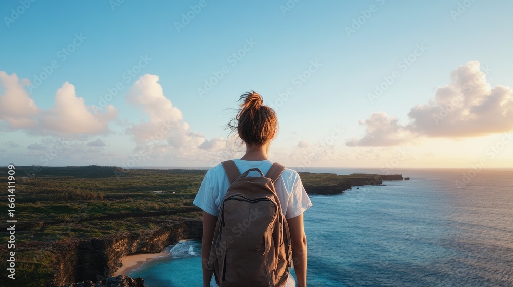 Fototapeta premium Person looking at landscape with backpack