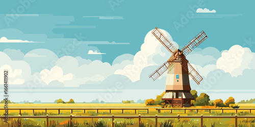 A classic wooden tower windmill with four large lattice sails, rendered in a flat, stylized vector illustration style.